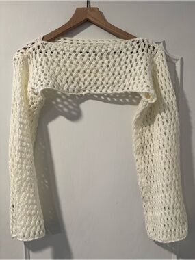 White Knit Crocheted Long-Sleeves Shrug - Size Small